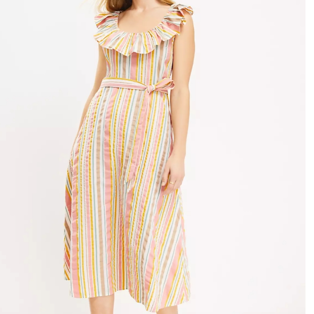 Loft -Striped Ruffle Midi Dress